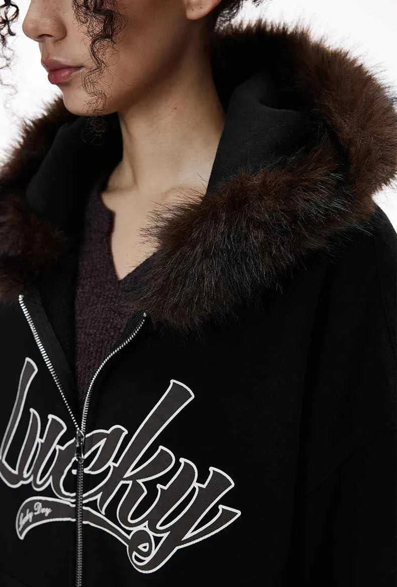 Cozy Embroidered Faux Fur Collar Hooded Sweatshirt