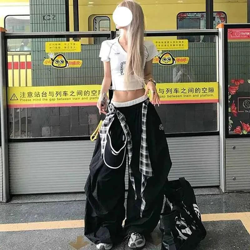Black Plaid Wide Cargo Pants