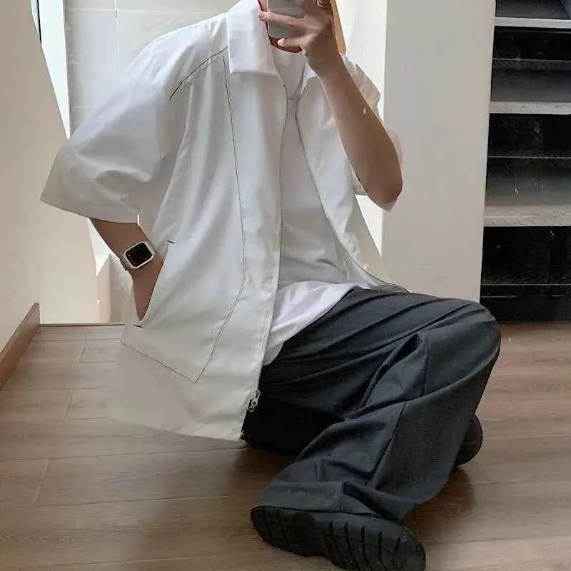 Casual Bright Thread Splicing Short Sleeved Zippper Shirt