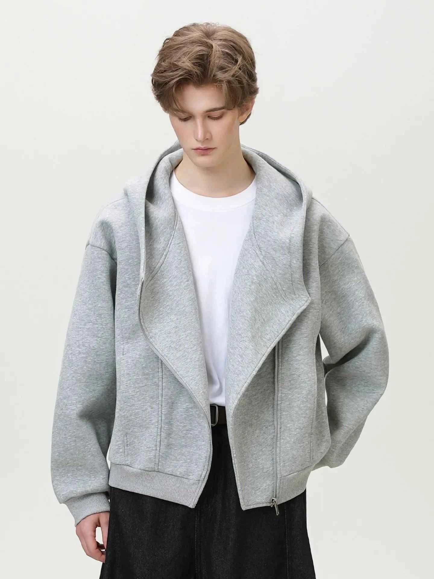 Textured Slant Zipper Hooded Sweatshirt