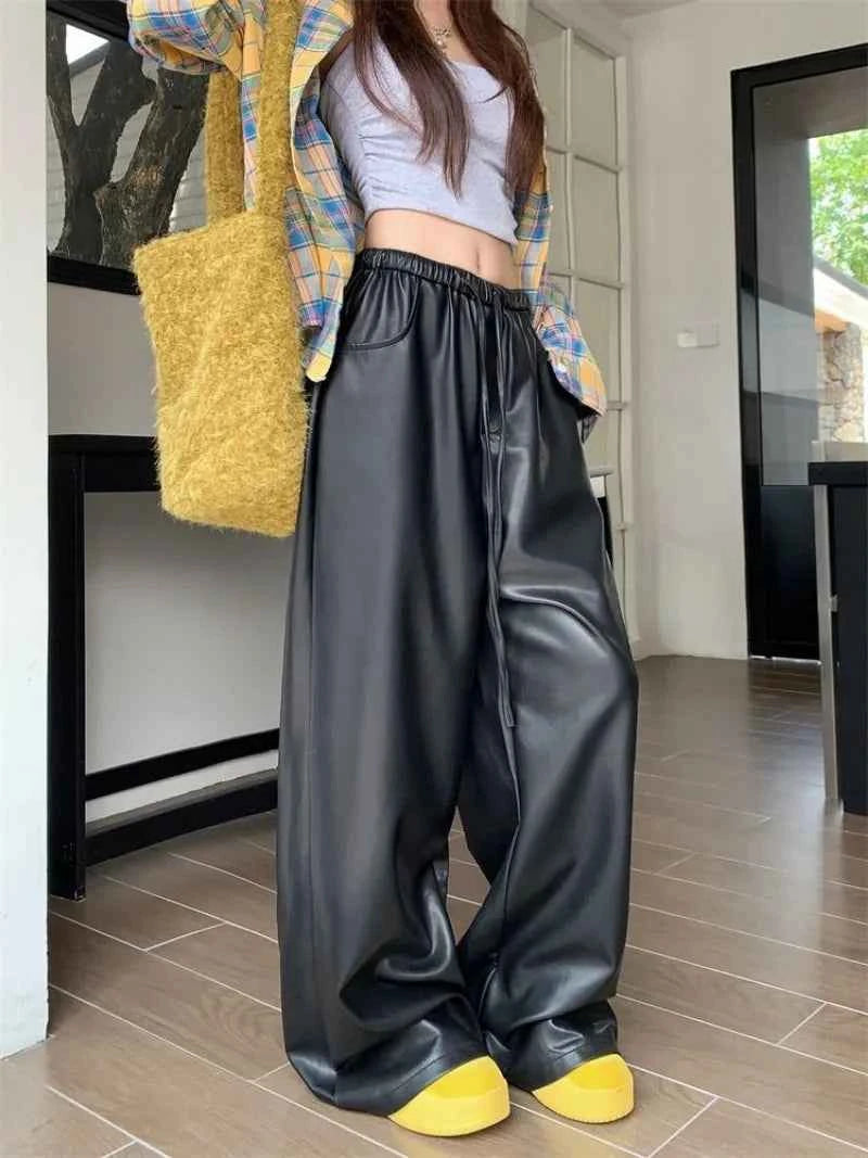Y2K Urban Relax Preppy High Waist Leather Pants