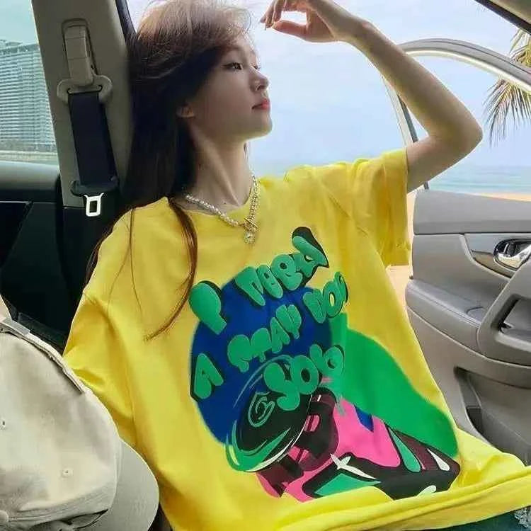 Street Style Fit Yellow Cotton Short-Sleeved T-Shirt