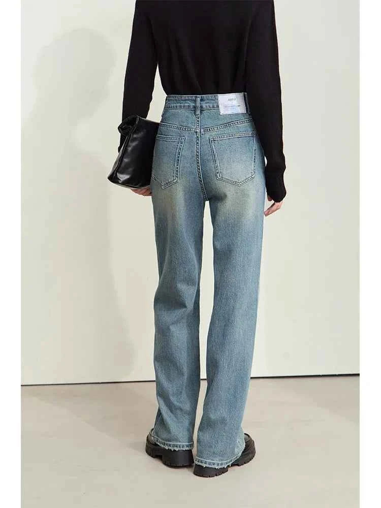 Amii Minimalism Leather Contrast Jeans