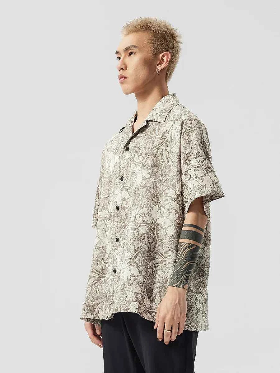Men Korean Style Floral Printed Loose Lapel Shirt