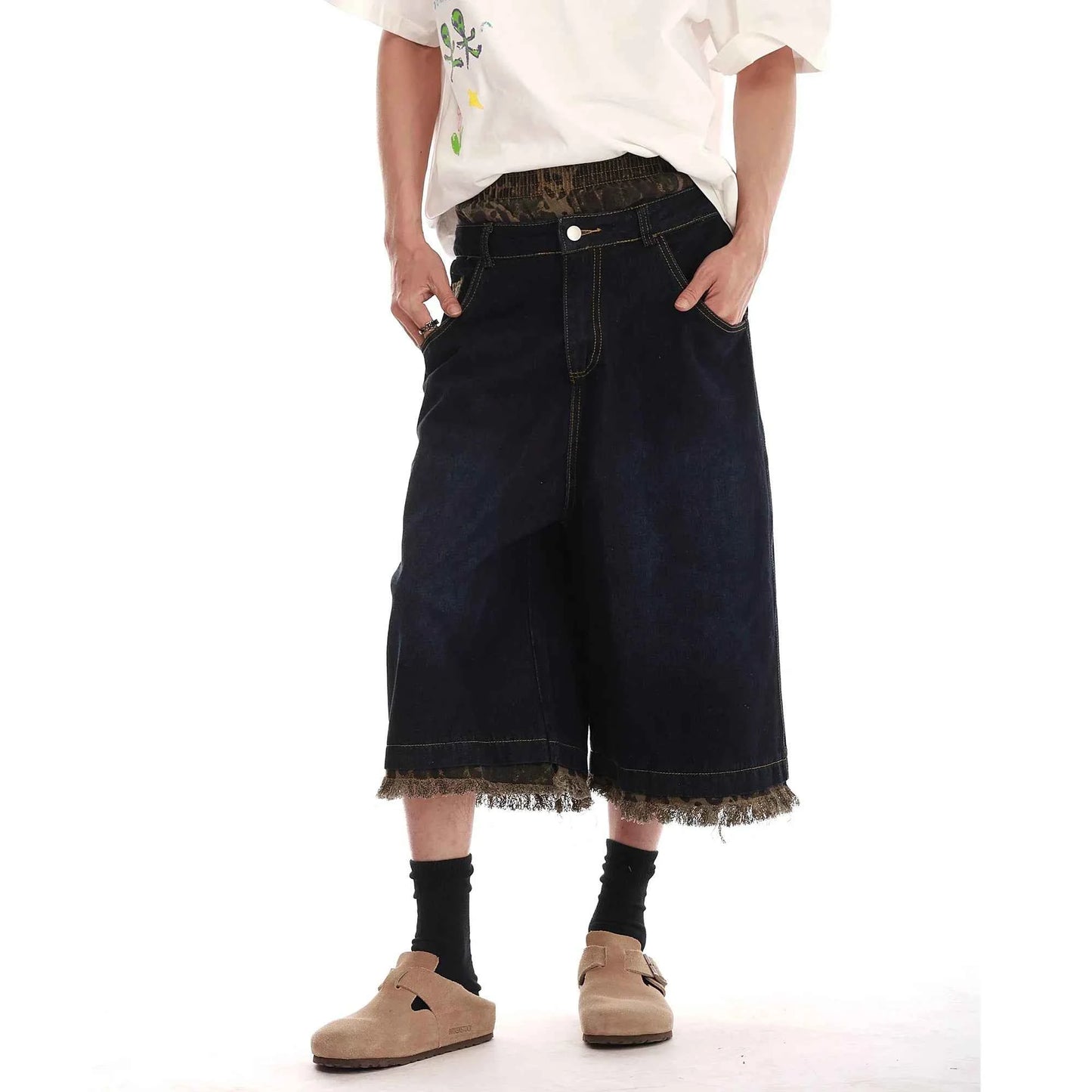 Camouflage Patchwork Wide Leg Denim Jorts