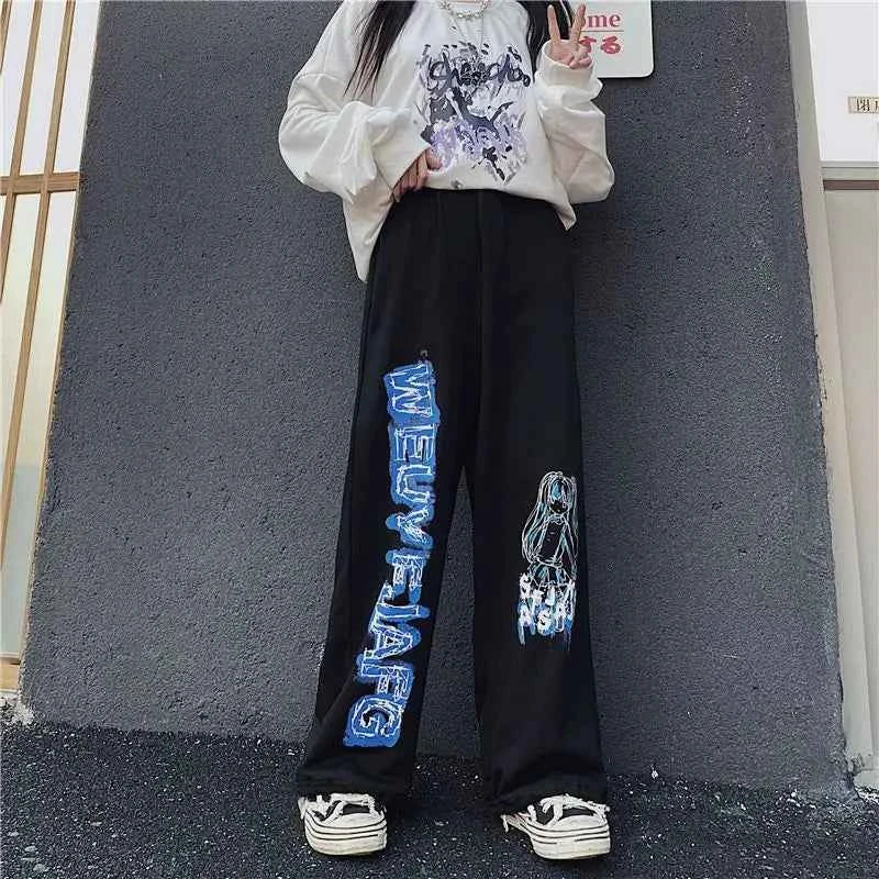 Retro Anime Print Oversized Wide Sweatpants
