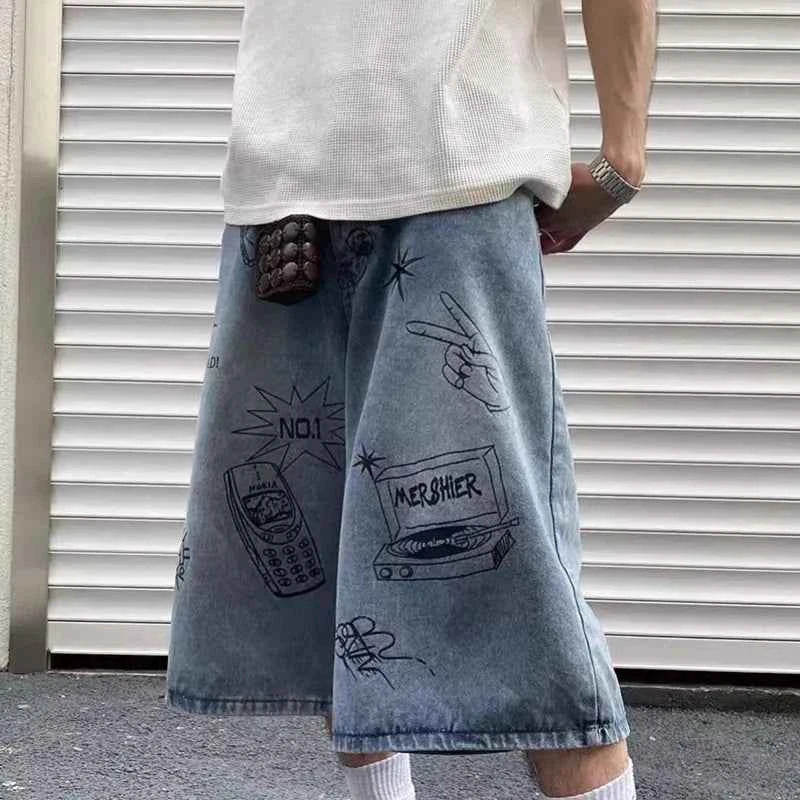Apex Graffiti Print Vintage Denim Short