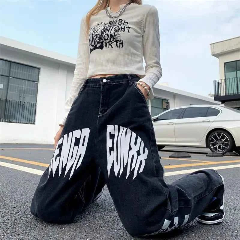 Streertwear Black Star Print High Jeans