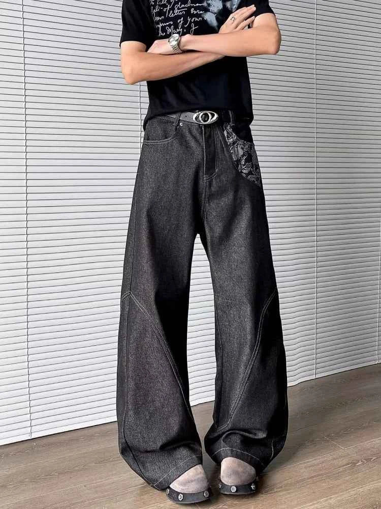 Cyber Graphic Patchwork Baggy Black Jeans