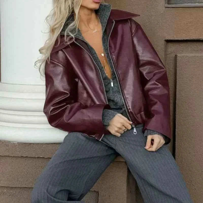 Women Retro Motorcycle Style Red Leather Jacket