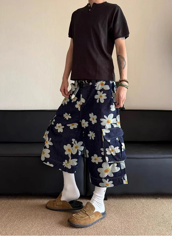 Vintage FlowerDaisy Print Loose Fit Jorts - Luxuryurbanwear