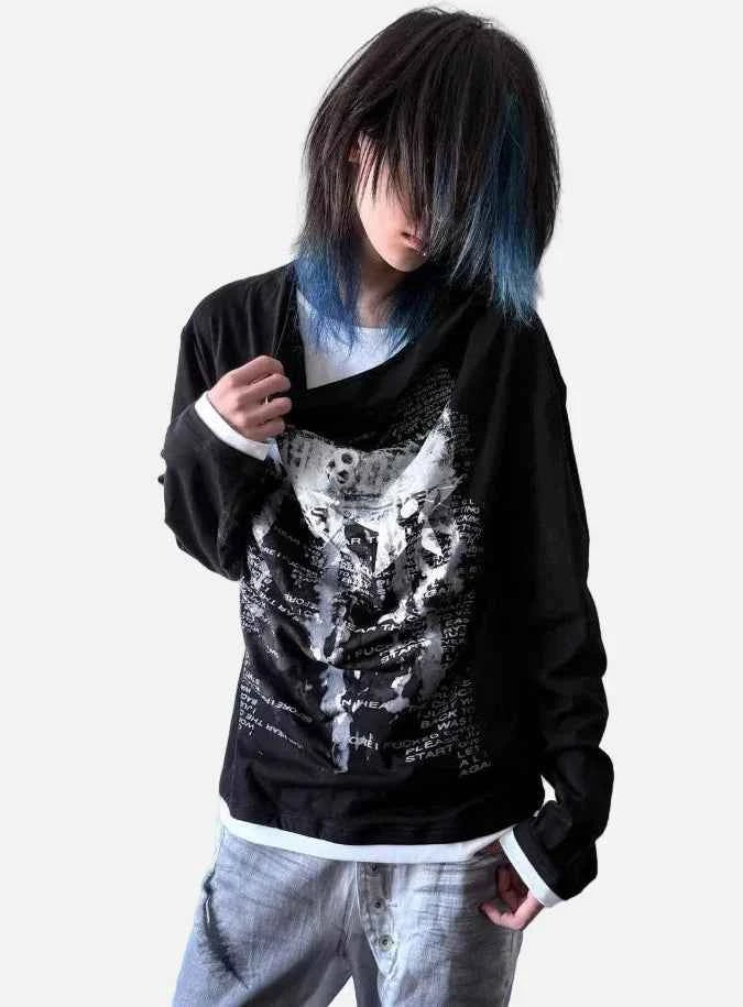 Vintage Patchwork Fake Two Piece Long Sleeve T-Shirt