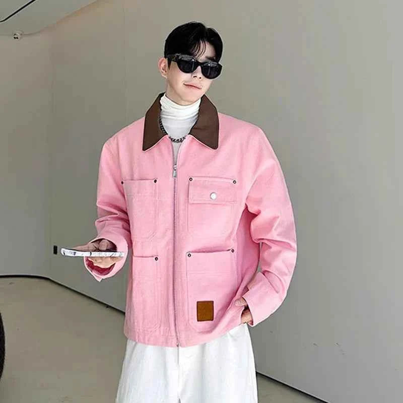 Korean Style Pink Turn-Down Collar Denim Jacket