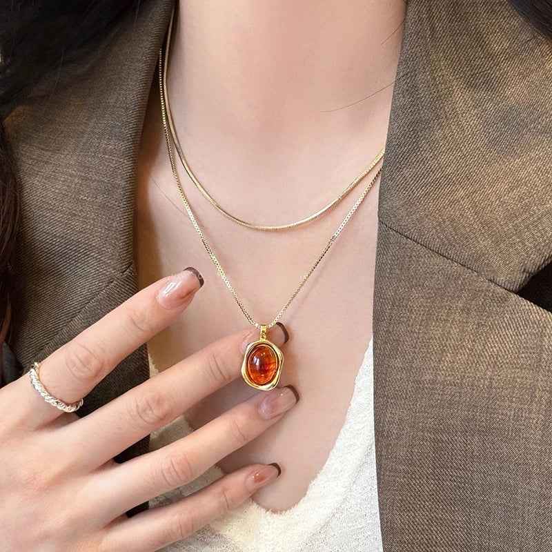 Vintage Nature Stone Pendant Golden Snake Necklace