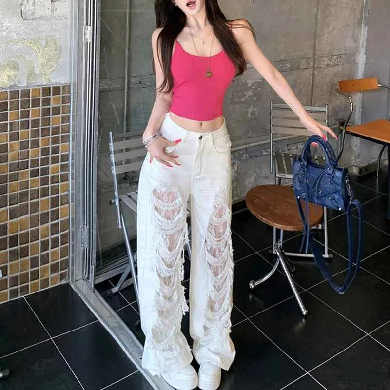 White Ripped Lace Splicing High Waist Jeans