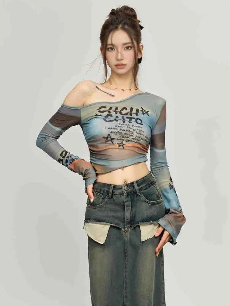 Women Gothic Mesh Long Sleeve T-Shirt