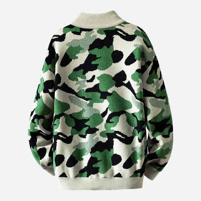 Streetwear Camouflage Zipper Knit Cardigan