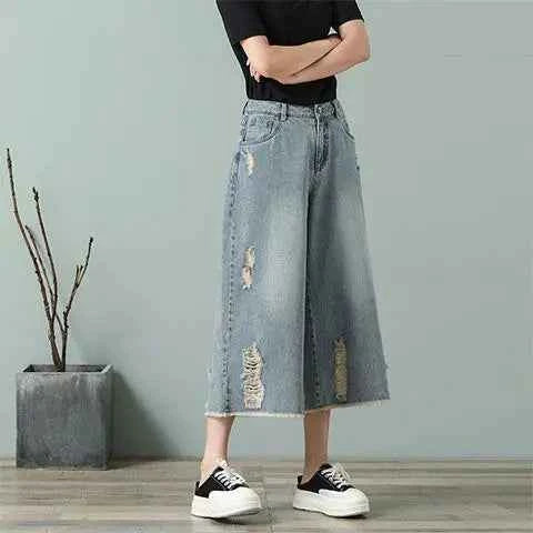 High Waist Ripped Wide Leg Jorts