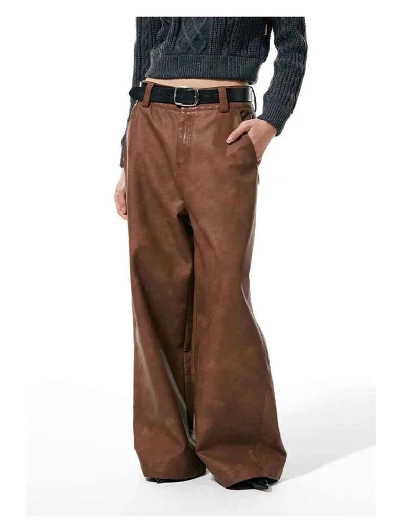 Women Luxury Brown Wide Leg Leather Pants