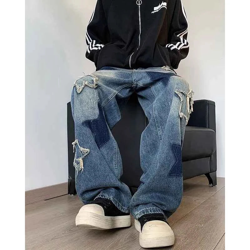 Embroidered Star Patchwork Wide Leg Jeans