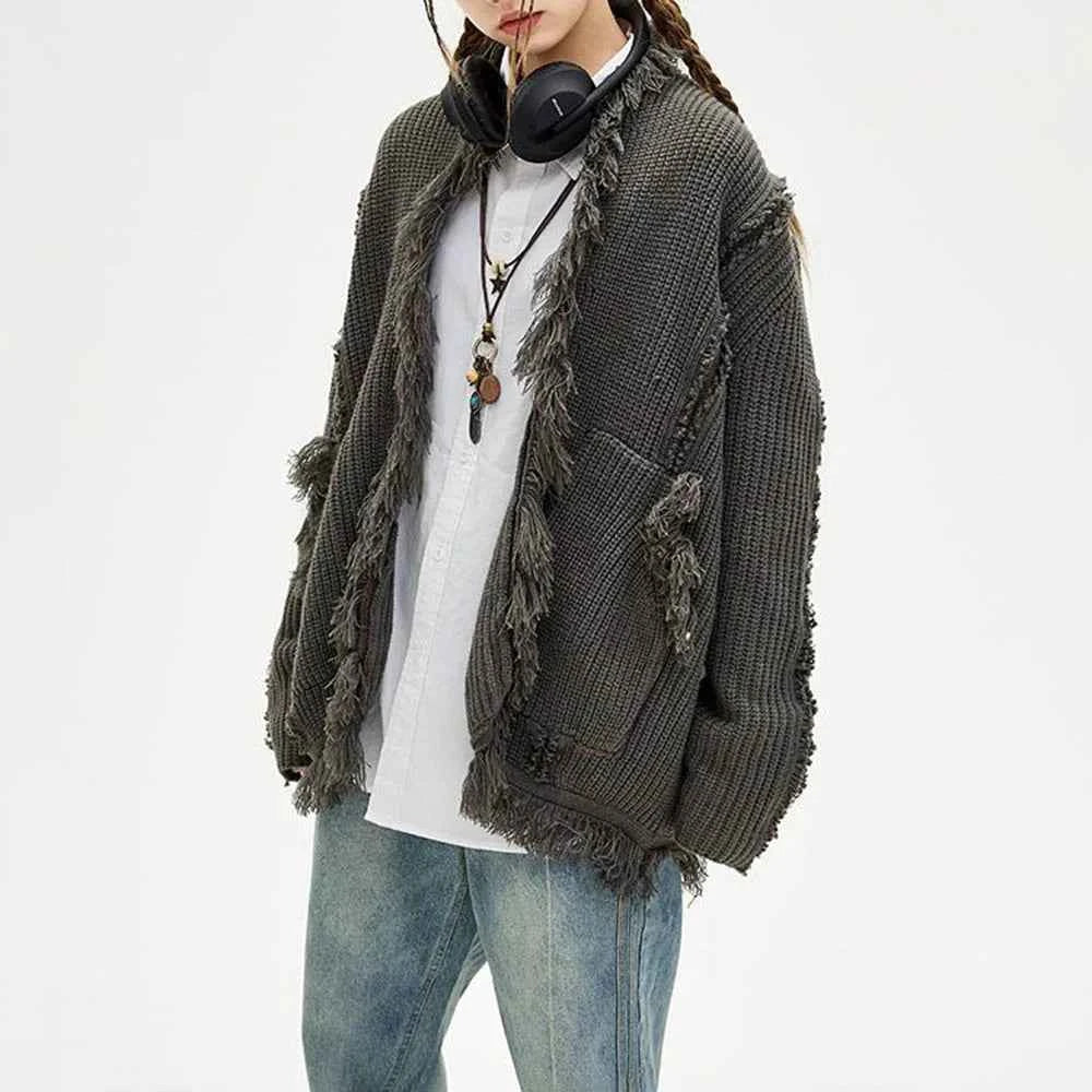 Chic Retro Tassel Ripped Long Sleeve Cardigan