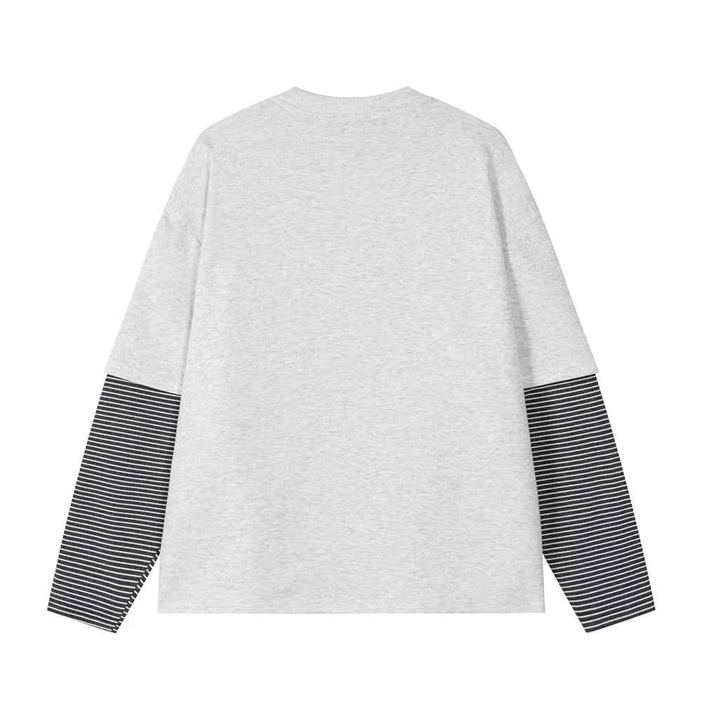 Chic Crew Neck Striped Fake Two Piece Long Sleeve T-Shirt