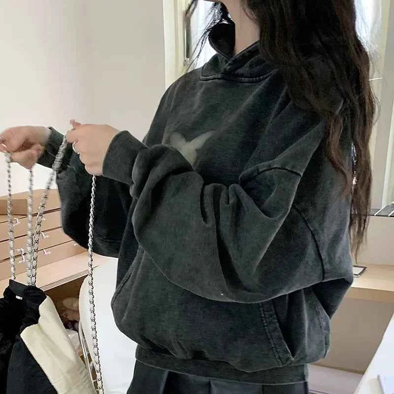 Butterfly Print Washed Black Oversized Hoodie