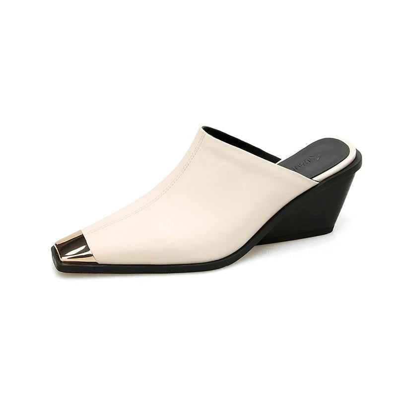 LUW "Metal-Head" Genuine Leather Mules - Luxury Med-Heel Summer Wedges