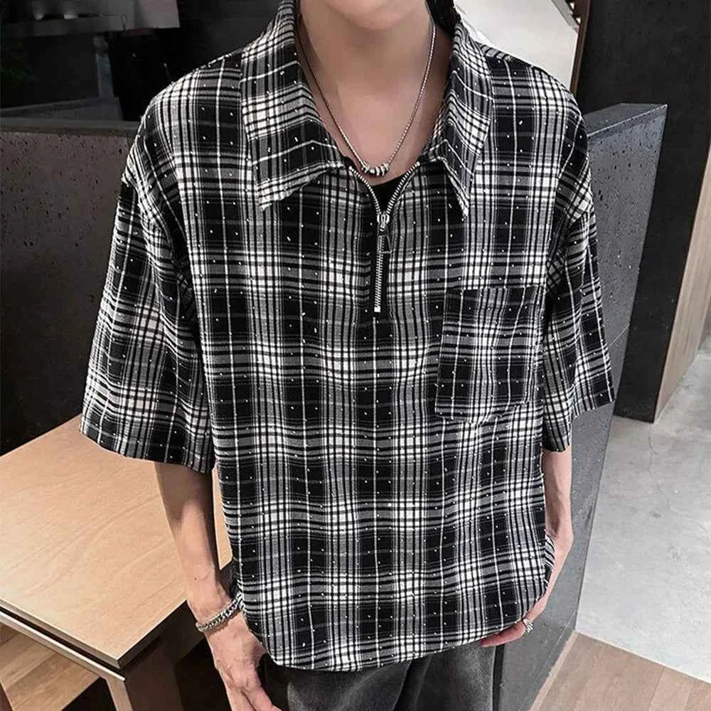Diamond Plaid Half Zip Casual Shirt