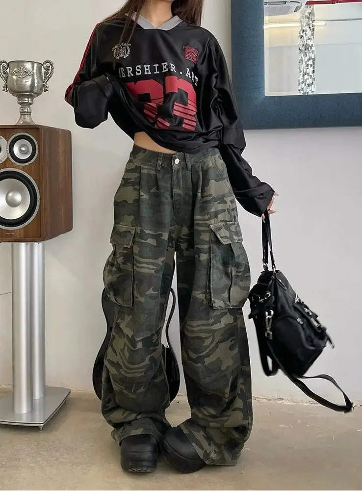 Vintage Washed Camouflage Print Wide Jeans - Luxuryurbanwear