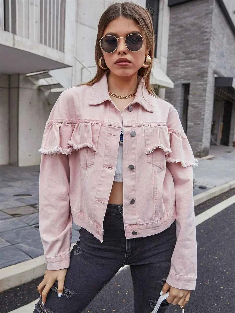 Vintage Raw Trim Ruffle Denim Jacket