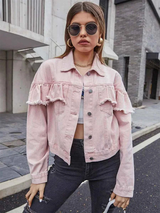 Vintage Raw Trim Ruffle Denim Jacket