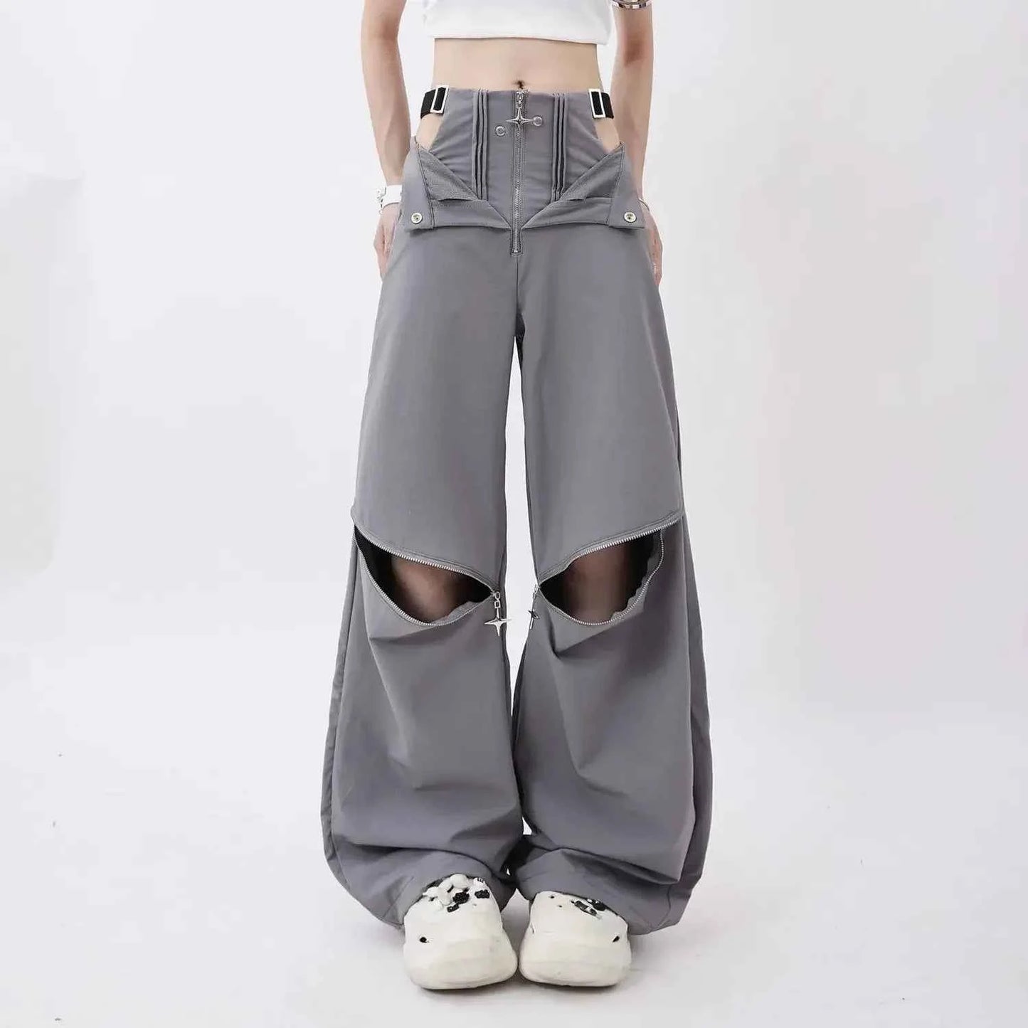 Black Cargo Zipper Design High Pants