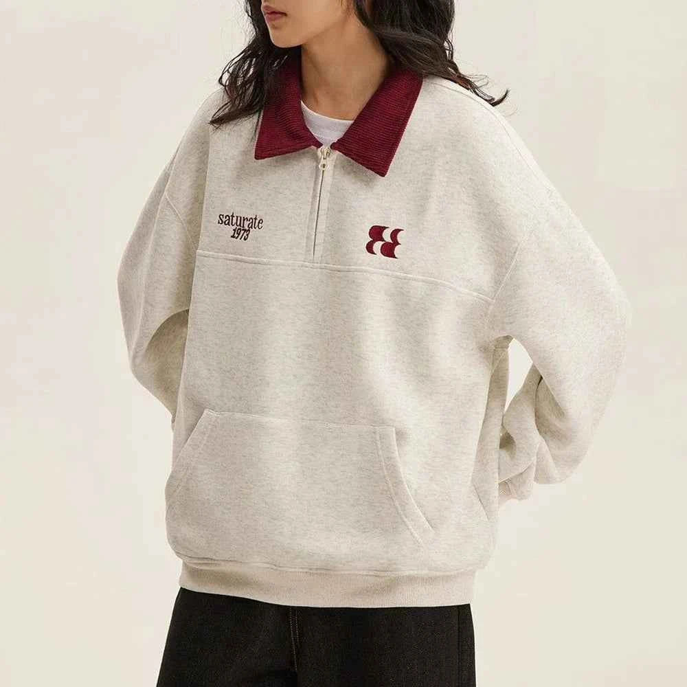 Velvet Embroidered Turn-Down Collar Sweatshirt