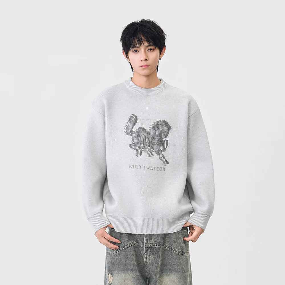 Cozy Horse Print Crew Neck Classic Sweater