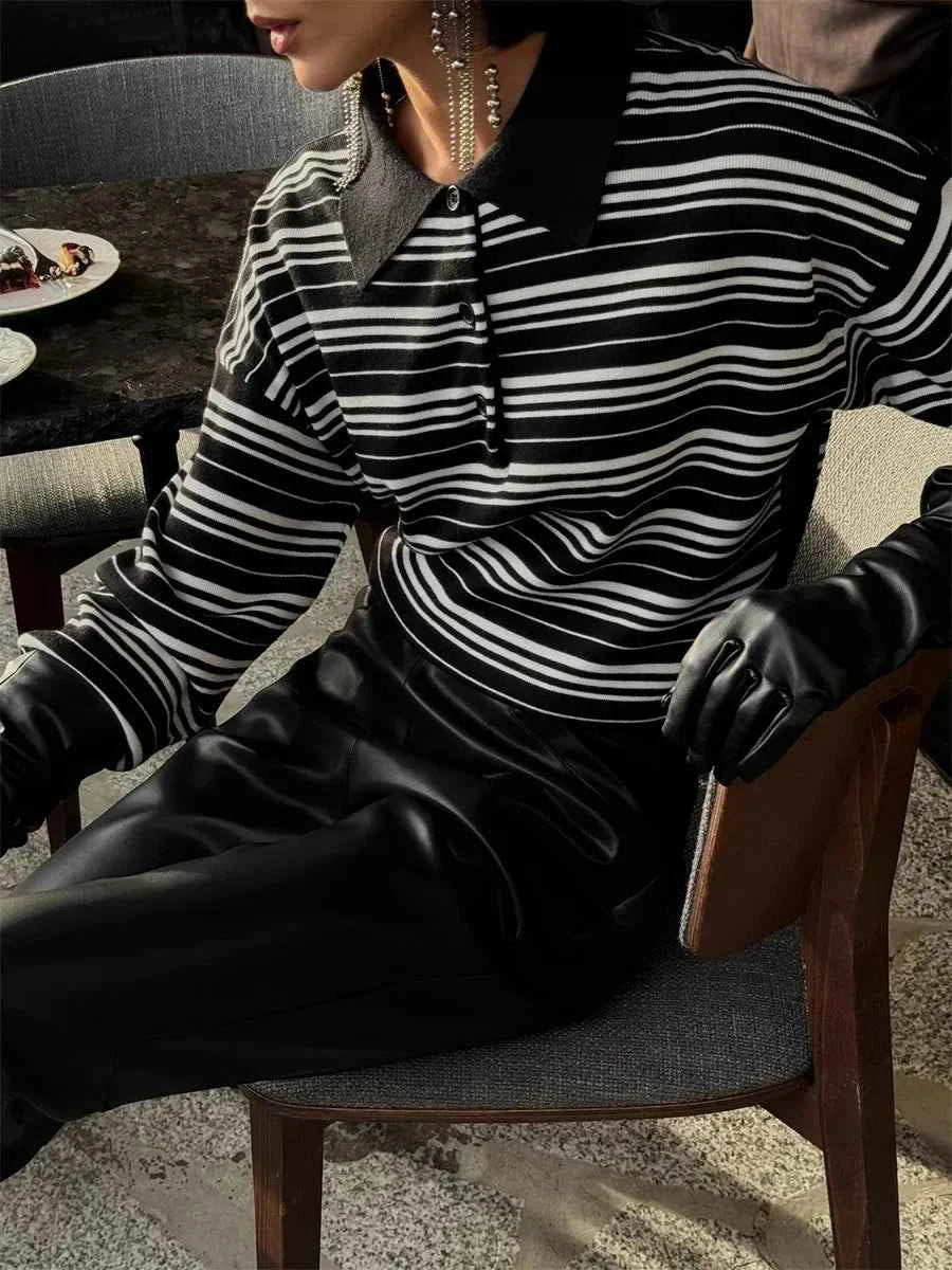 Streetwear Vintage Striped Knitted Polo Collar T-Shirt
