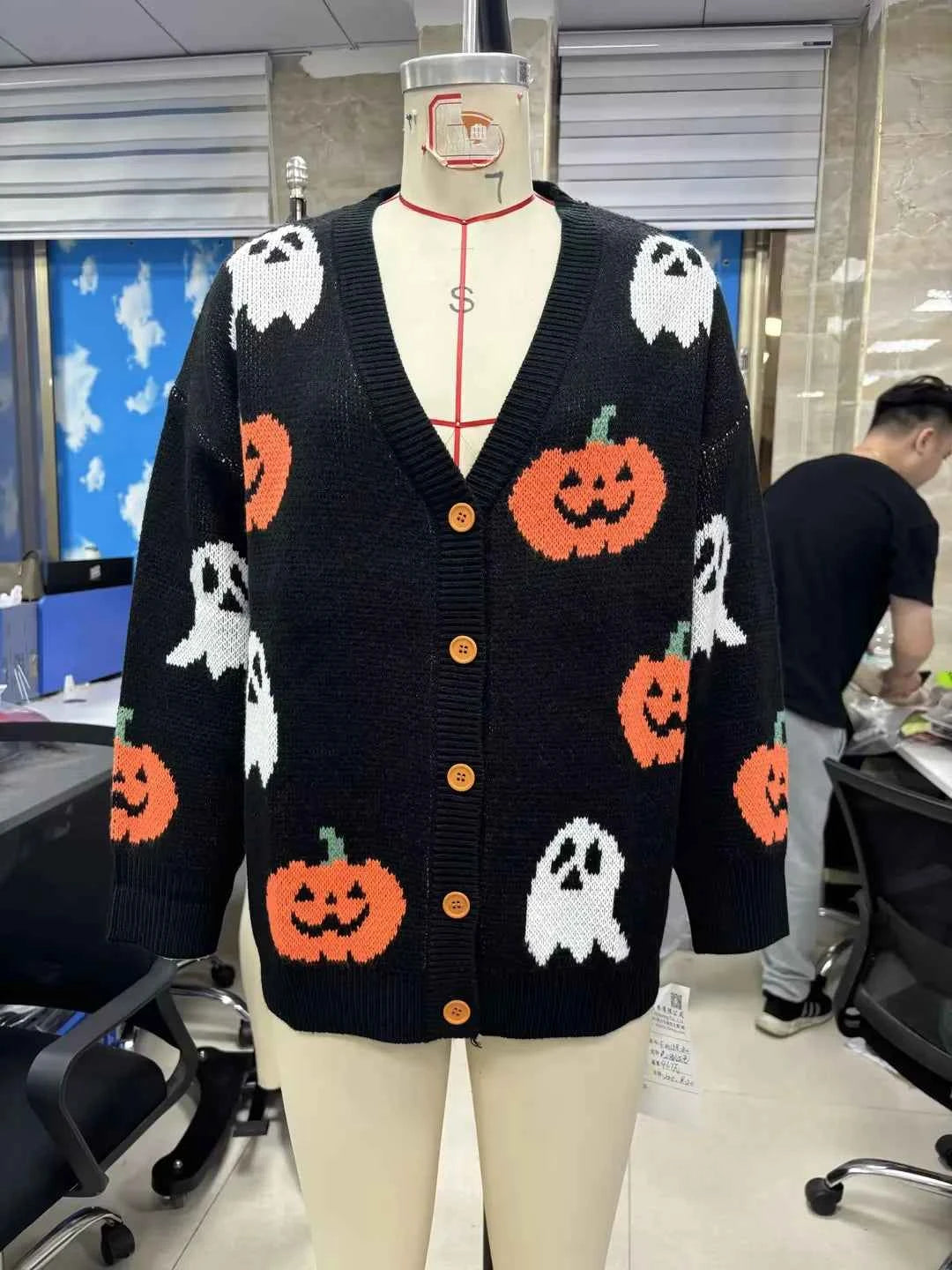 Halloween Cozy Pumpkin Pattern Knit Cardigan