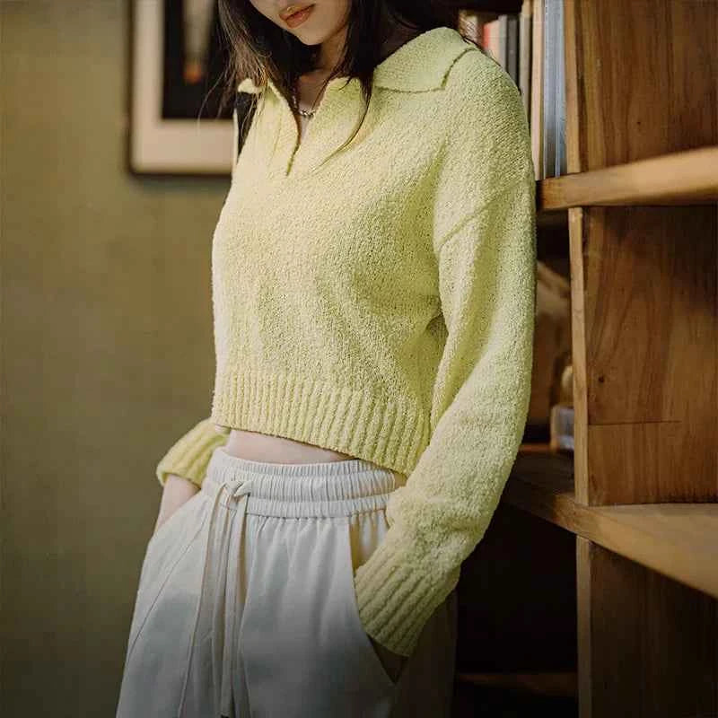 Yellow Ribbed Cropped Knitwear Sweater