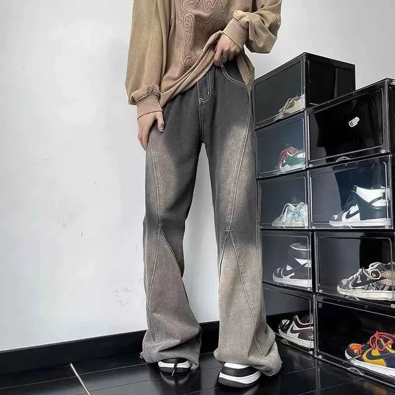 Streetwear Vintage Gray Wide Leg Flare Jeans
