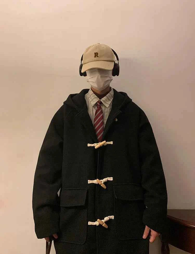 Vintage Horn Buckle Woolen Hooded Coat
