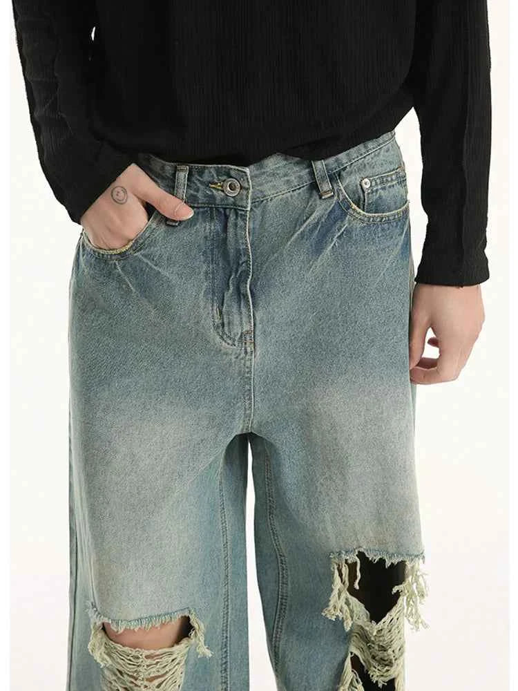 Distressed Broken Hole Straight Leg Jeans