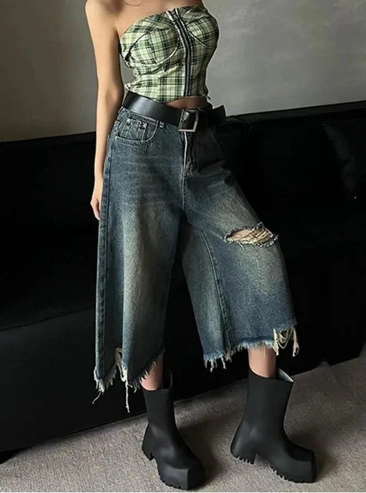 Women Retro distressed high-waist vintage Denim Jorts - Luxuryurbanwear