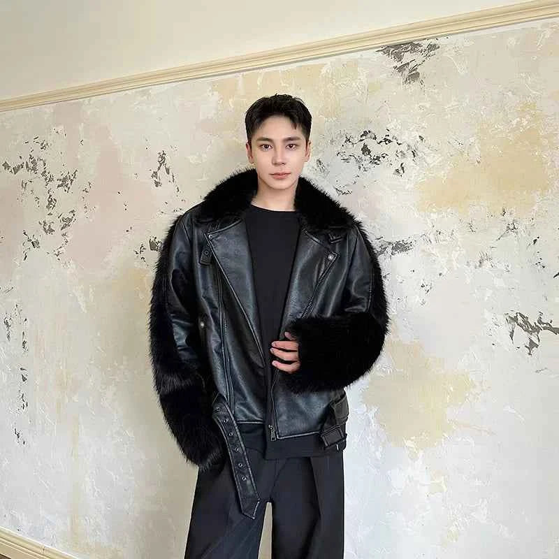 Streetwear Fur Splicing PU Leather Motorcycle Jacket