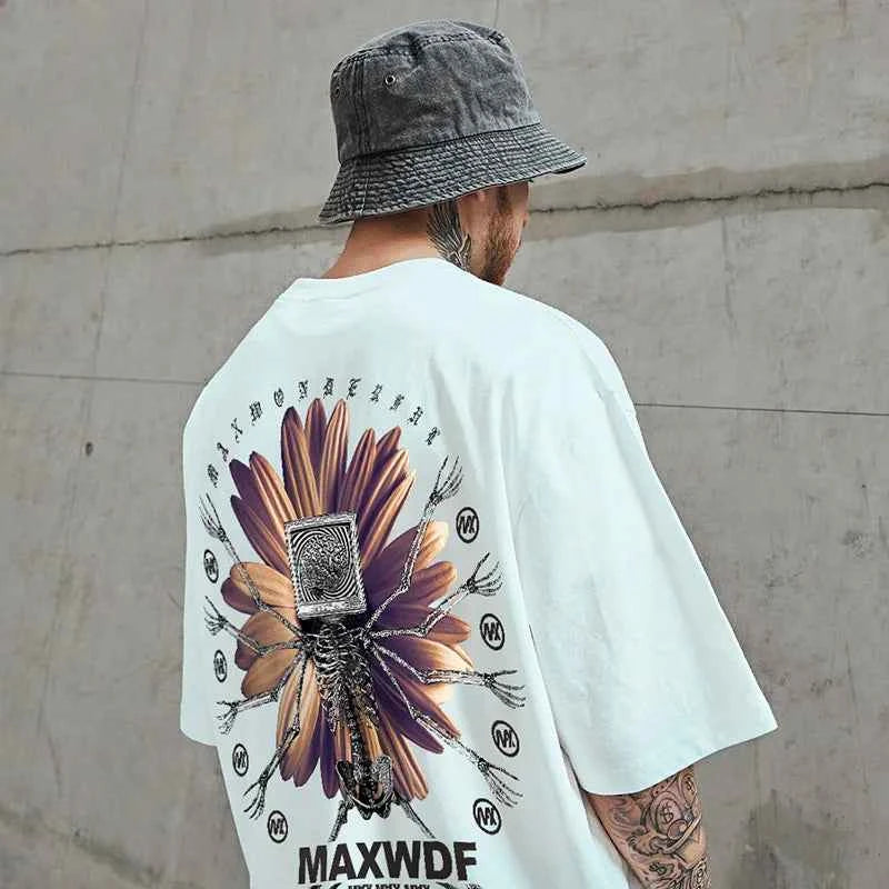 Oversize Skeleton Flower Printed Cotton T-Shirt