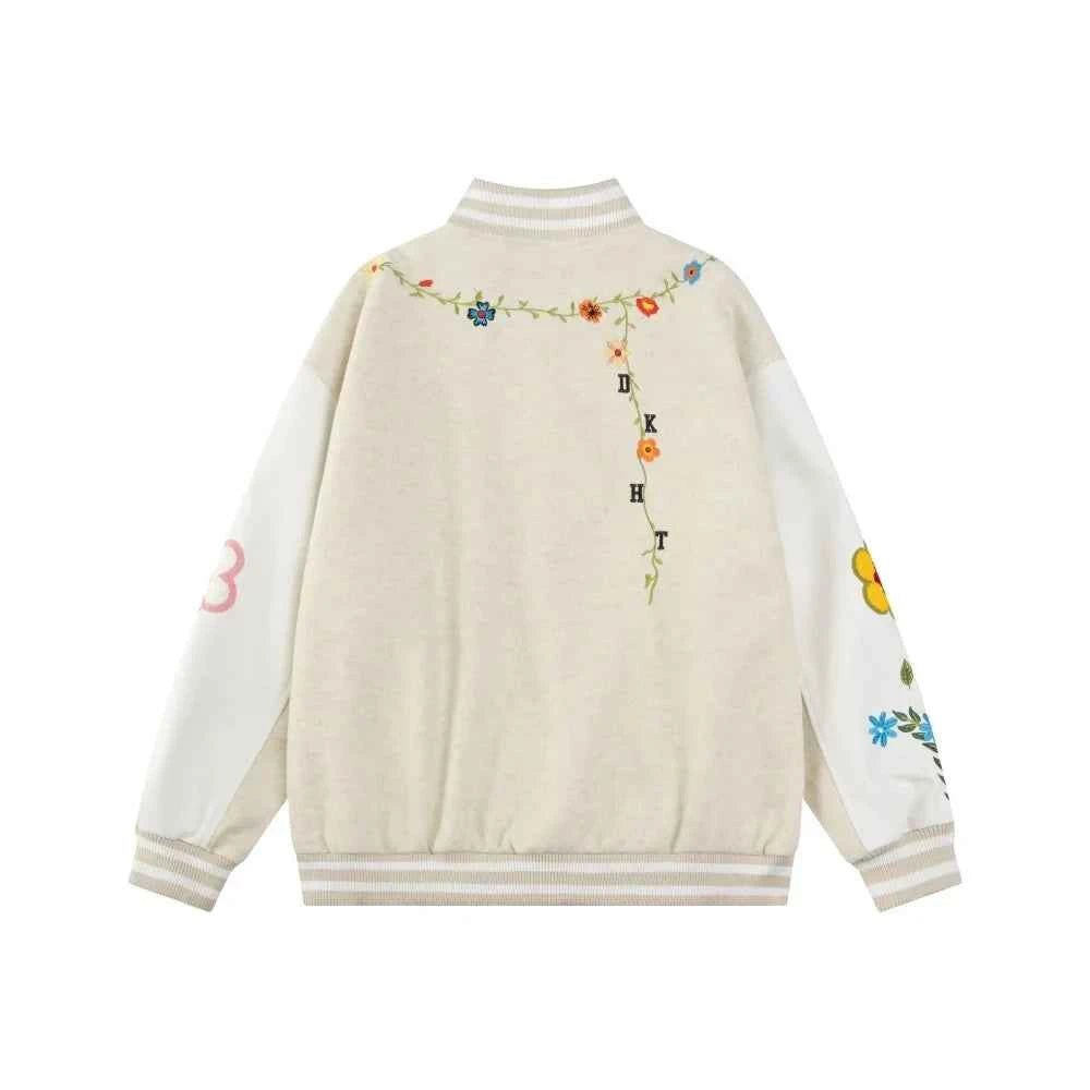 Retro Flower Embroidery Baseball Varsity Jacket