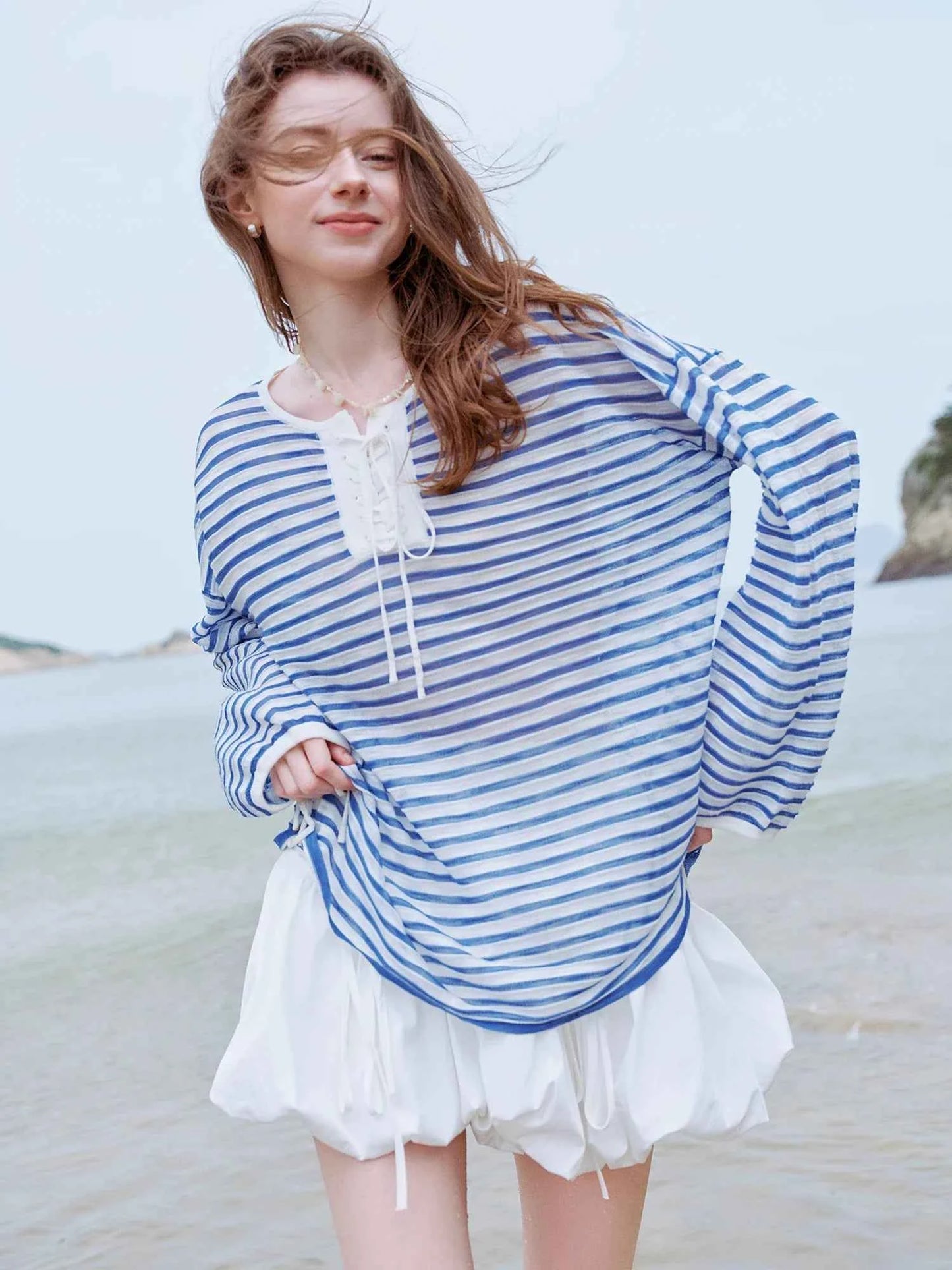 Elegant Striped French Holiday Long-Sleeved T-Shirt