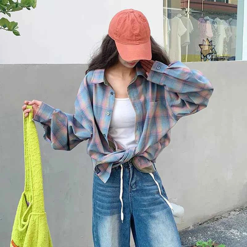 Vintage Plaid Cool Oversized Long Sleeve Shirt