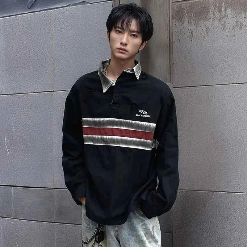 Ripped Retro Long Sleeve Polo Collar T-Shirt