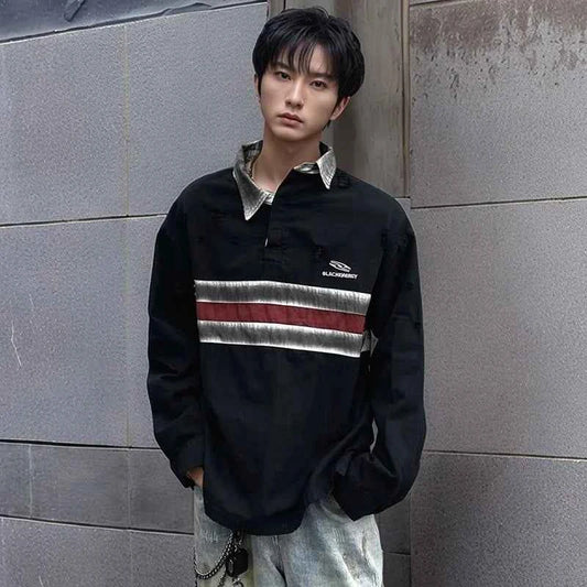 Ripped Retro Long Sleeve Polo Collar T-Shirt