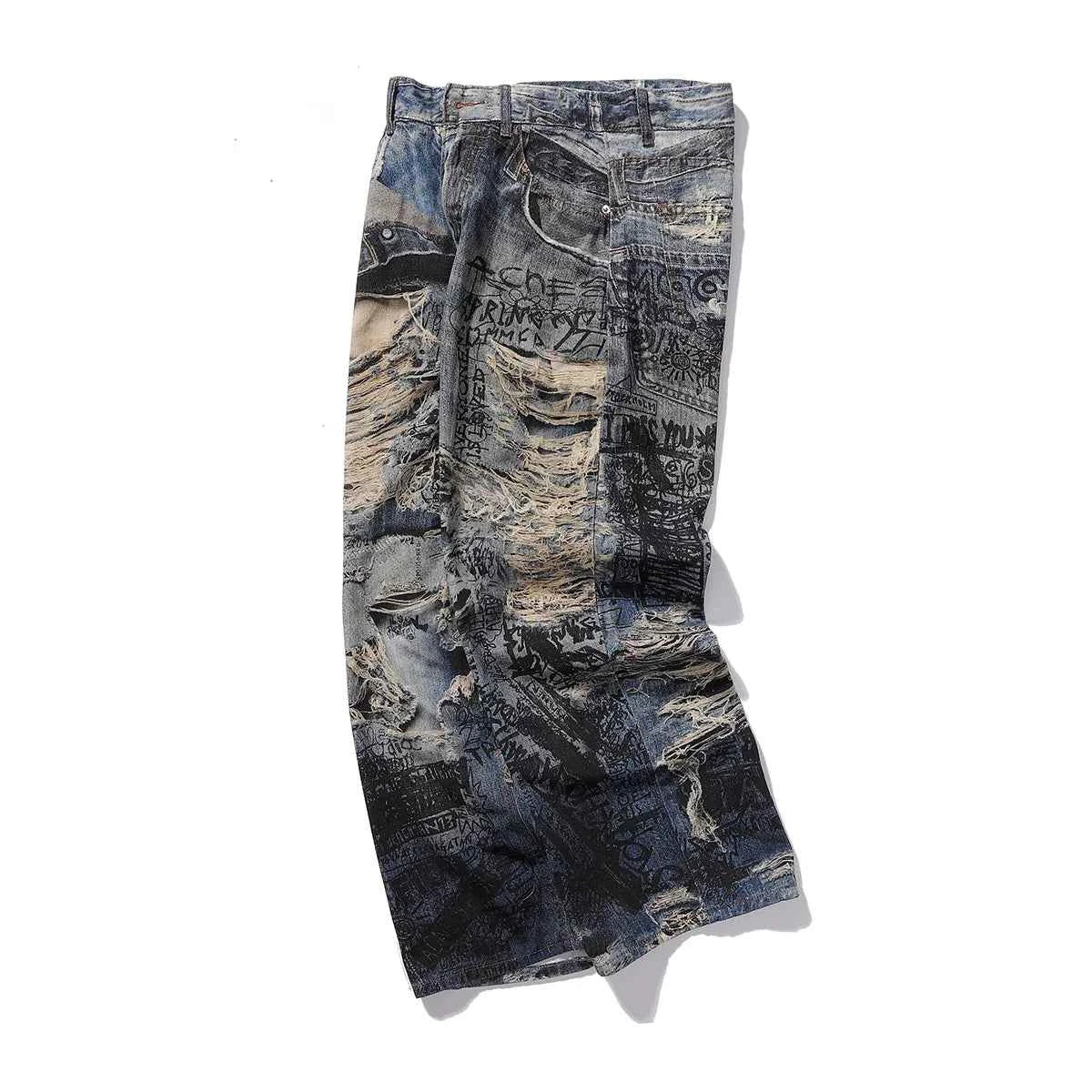 Retro 3D Printed Cool Ripped Wide Leg Jeans